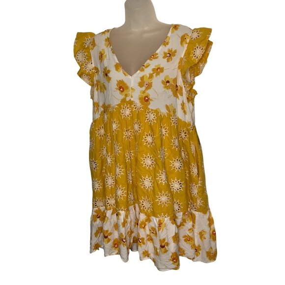 Melloday Floral Yellow & White Tiered Dress Square Neck & Ruffled Boho flowy L - Picture 11 of 13